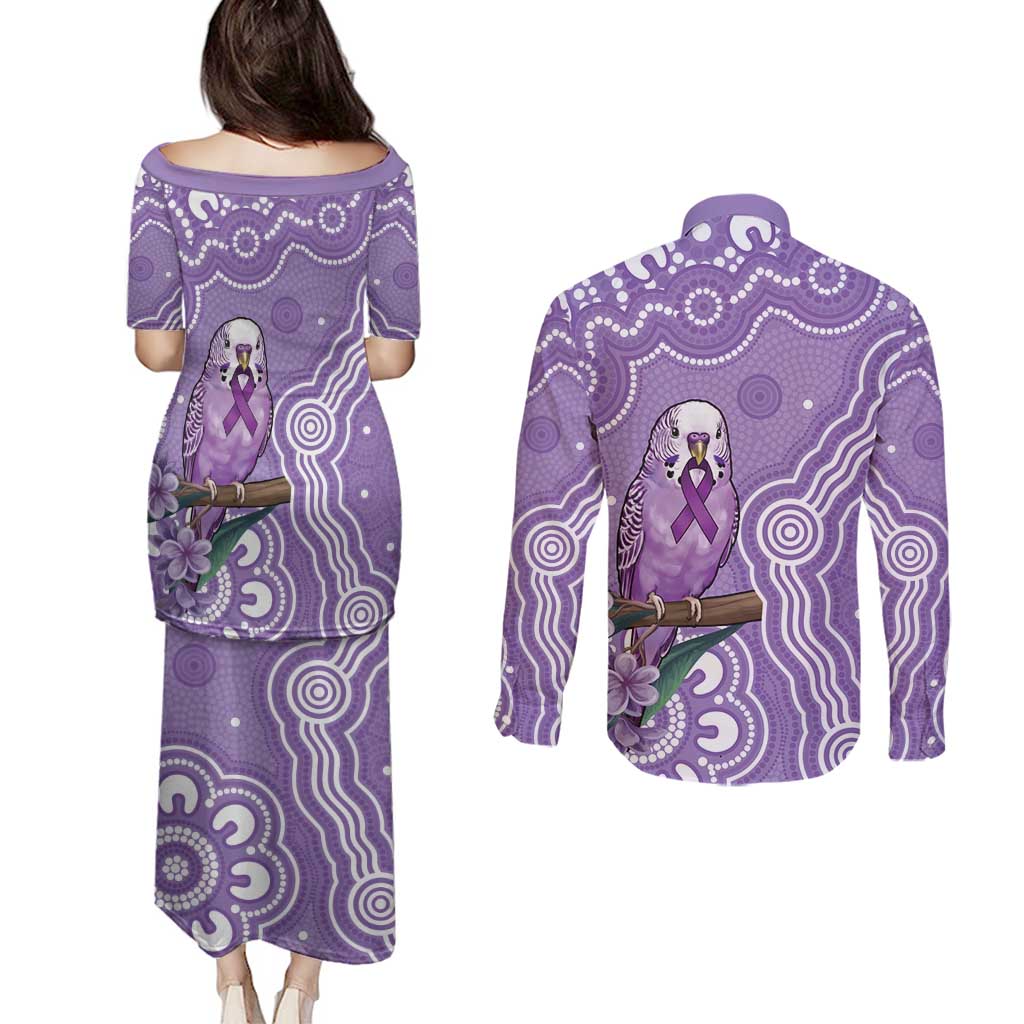 Australia Epilepsy Awareness Couples Matching Puletasi and Long Sleeve Button Shirt Purple Budgerigar Plumeria Aboriginal - Aussie Hoodie