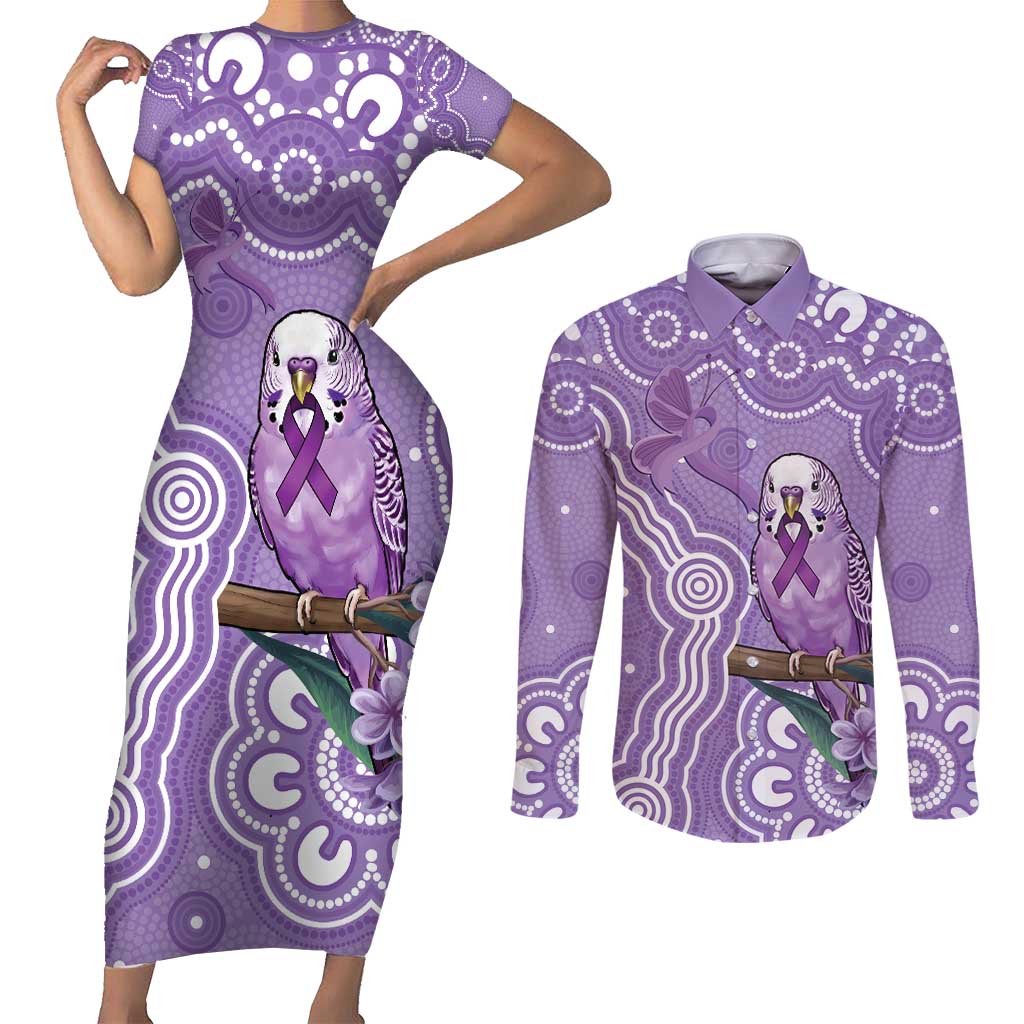 Australia Epilepsy Awareness Couples Matching Short Sleeve Bodycon Dress and Long Sleeve Button Shirt Purple Budgerigar Plumeria Aboriginal - Aussie Hoodie