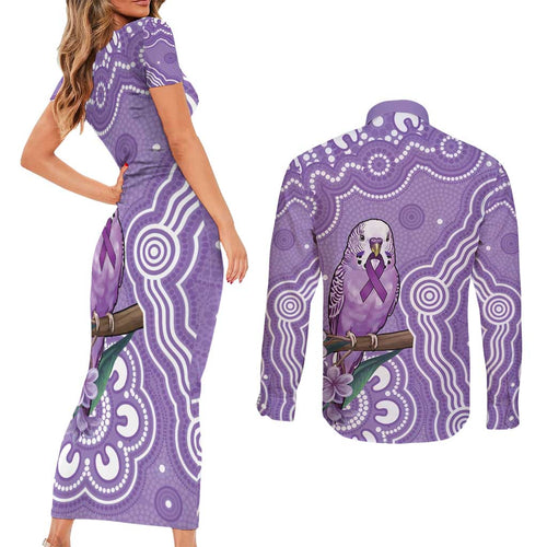 Australia Epilepsy Awareness Couples Matching Short Sleeve Bodycon Dress and Long Sleeve Button Shirt Purple Budgerigar Plumeria Aboriginal - Aussie Hoodie