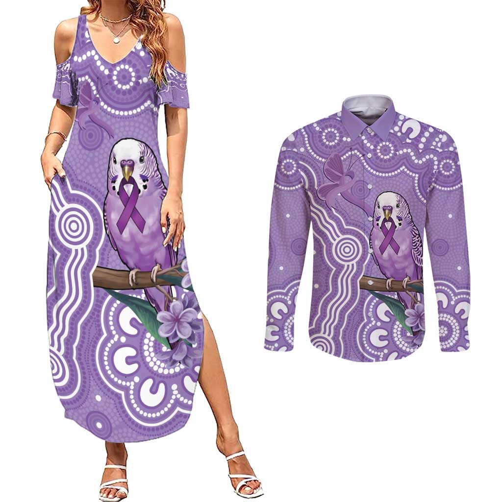Australia Epilepsy Awareness Couples Matching Summer Maxi Dress and Long Sleeve Button Shirt Purple Budgerigar Plumeria Aboriginal - Aussie Hoodie