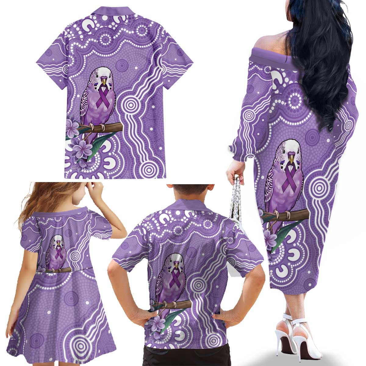 Australia Epilepsy Awareness Family Matching Off The Shoulder Long Sleeve Dress and Hawaiian Shirt Purple Budgerigar Plumeria Aboriginal - Aussie Hoodie