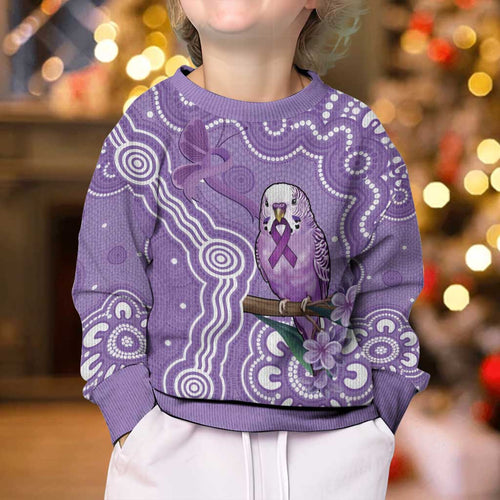 Australia Epilepsy Awareness Kid Ugly Christmas Sweater Purple Budgerigar Plumeria Aboriginal - Aussie Hoodie