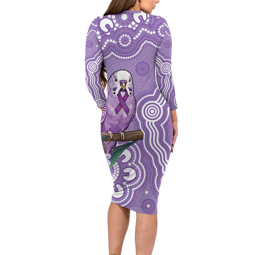Australia Epilepsy Awareness Long Sleeve Bodycon Dress Purple Budgerigar Plumeria Aboriginal - Aussie Hoodie