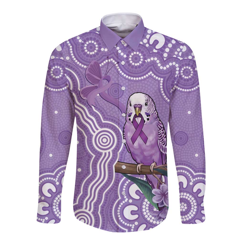 Australia Epilepsy Awareness Long Sleeve Button Shirt Purple Budgerigar Plumeria Aboriginal - Aussie Hoodie