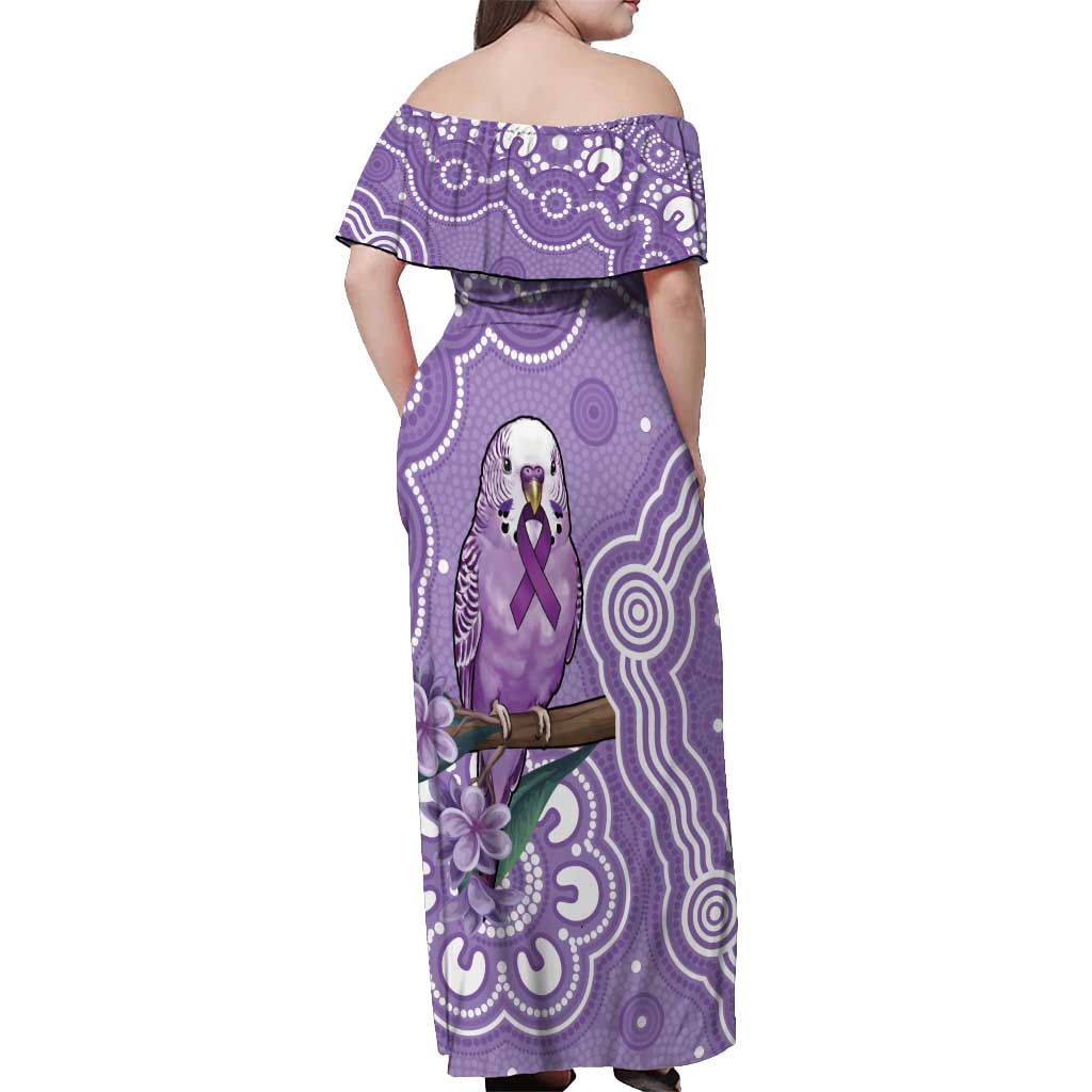 Australia Epilepsy Awareness Off Shoulder Maxi Dress Purple Budgerigar Plumeria Aboriginal - Aussie Hoodie