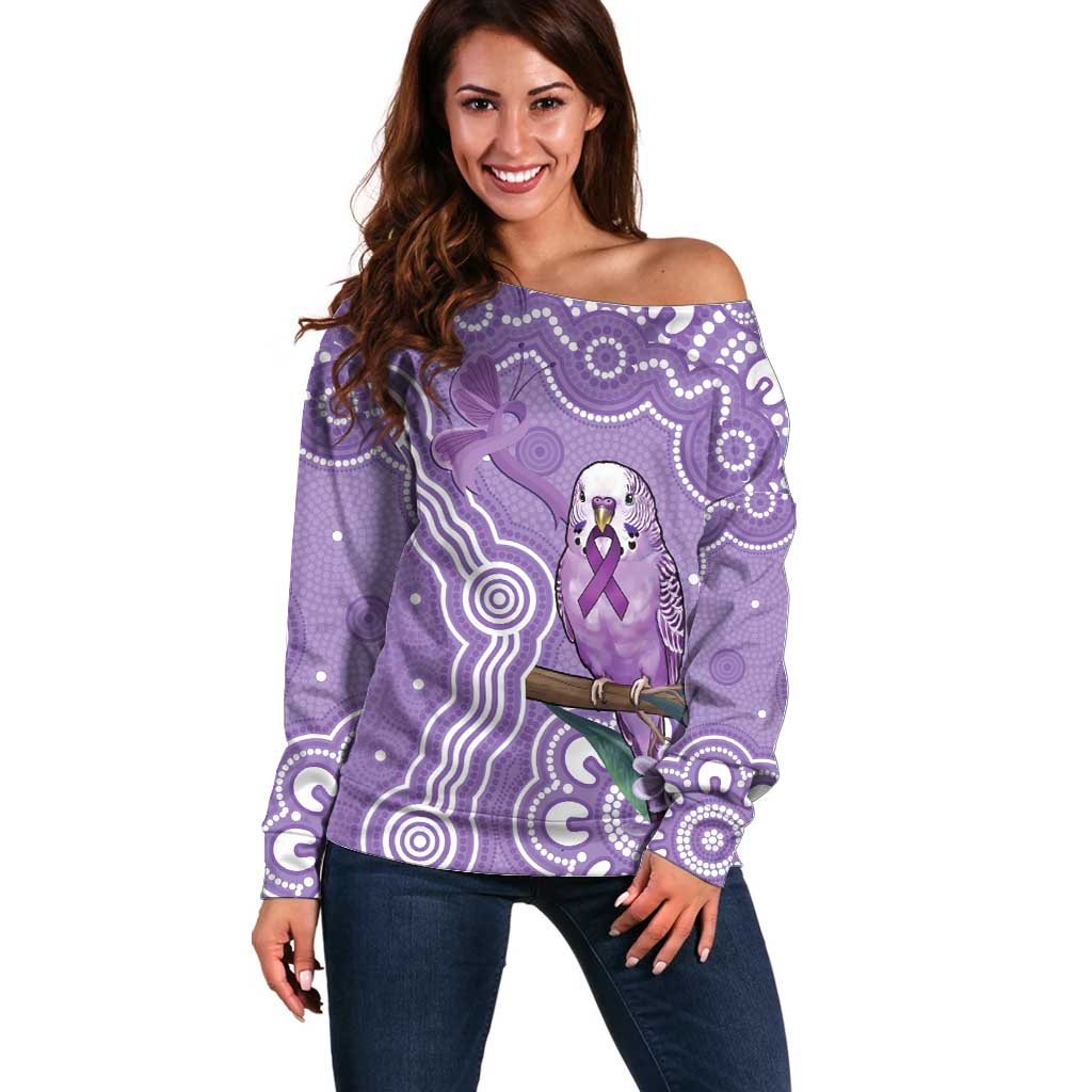 Australia Epilepsy Awareness Off Shoulder Sweater Purple Budgerigar Plumeria Aboriginal - Aussie Hoodie