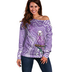 Australia Epilepsy Awareness Off Shoulder Sweater Purple Budgerigar Plumeria Aboriginal - Aussie Hoodie