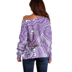 Australia Epilepsy Awareness Off Shoulder Sweater Purple Budgerigar Plumeria Aboriginal - Aussie Hoodie