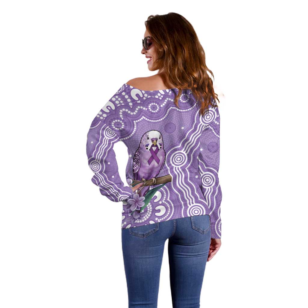Australia Epilepsy Awareness Off Shoulder Sweater Purple Budgerigar Plumeria Aboriginal - Aussie Hoodie