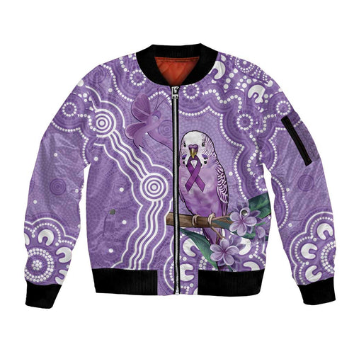 Australia Epilepsy Awareness Sleeve Zip Bomber Jacket Purple Budgerigar Plumeria Aboriginal - Aussie Hoodie