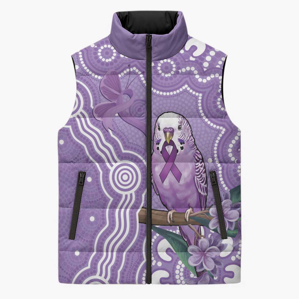 Australia Epilepsy Awareness Sleeveless Puffer Jacket Purple Budgerigar Plumeria Aboriginal - Aussie Hoodie