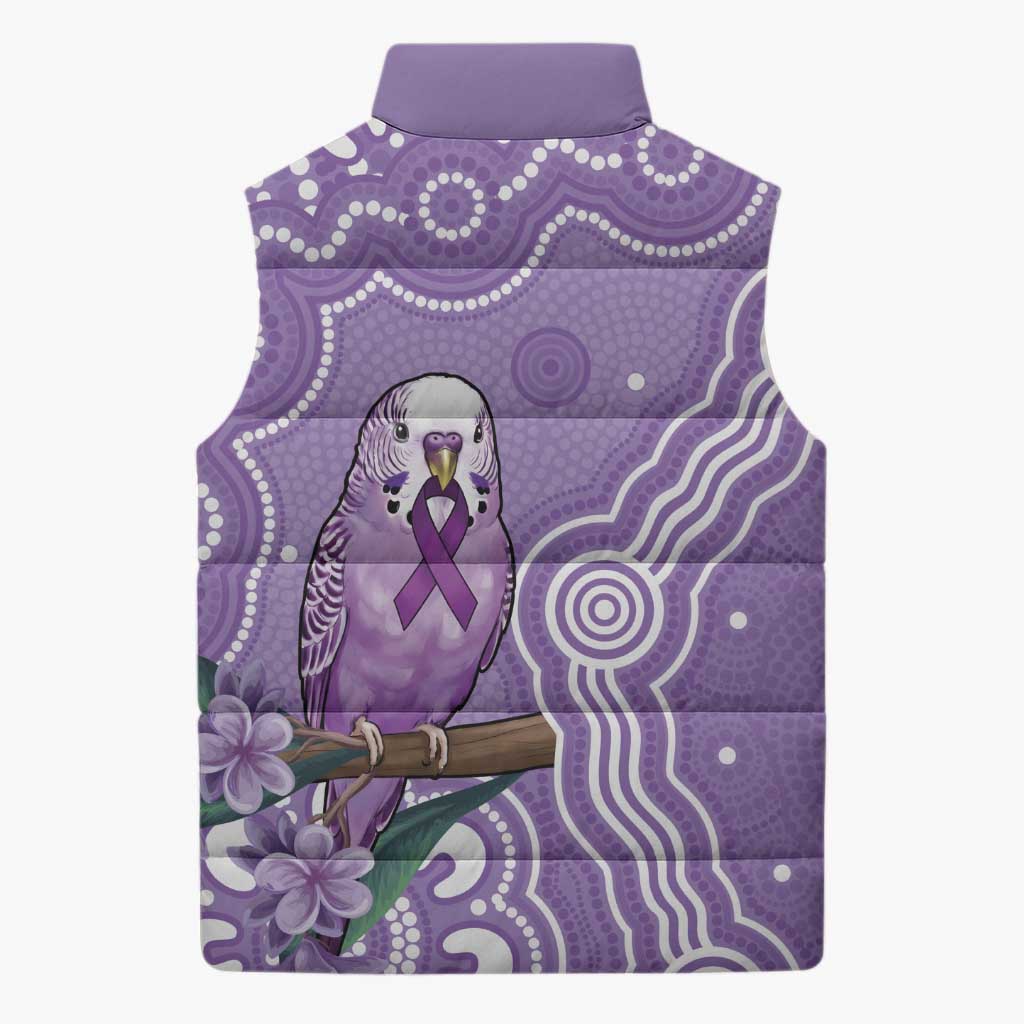 Australia Epilepsy Awareness Sleeveless Puffer Jacket Purple Budgerigar Plumeria Aboriginal - Aussie Hoodie