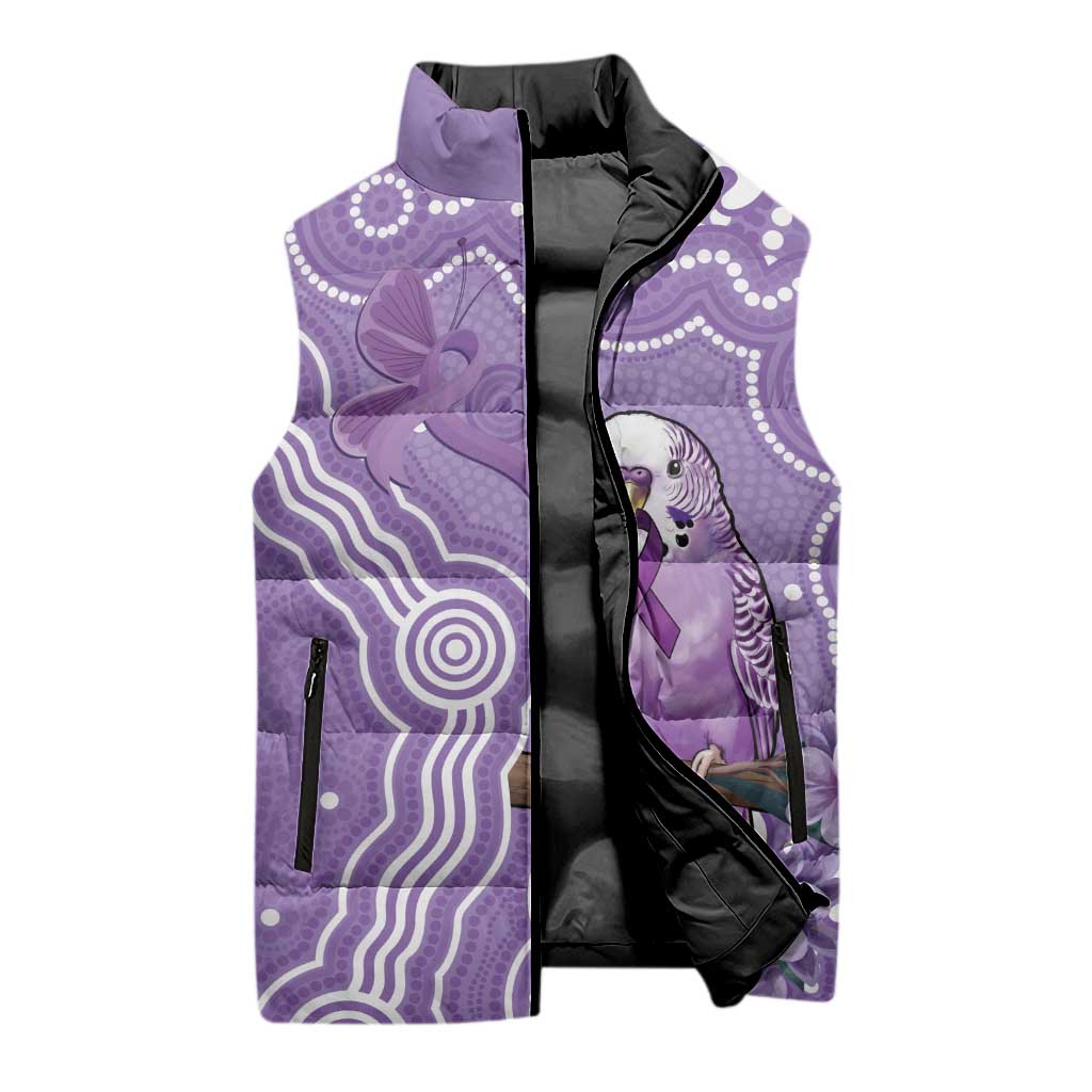 Australia Epilepsy Awareness Sleeveless Puffer Jacket Purple Budgerigar Plumeria Aboriginal - Aussie Hoodie
