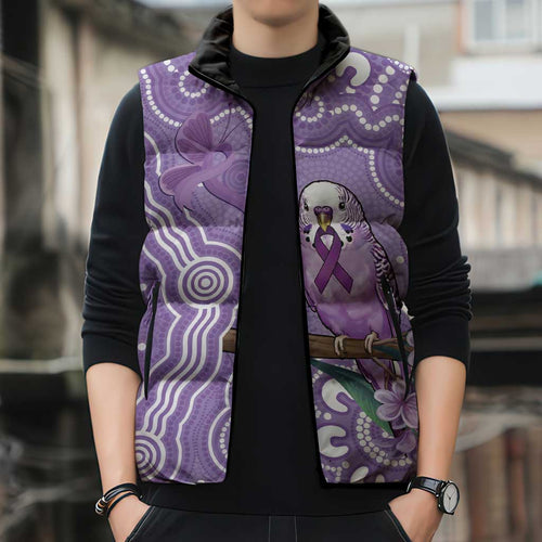 Australia Epilepsy Awareness Sleeveless Puffer Jacket Purple Budgerigar Plumeria Aboriginal - Aussie Hoodie