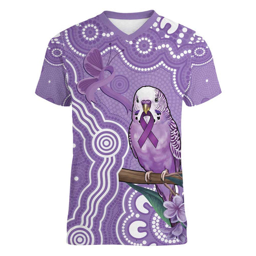 Australia Epilepsy Awareness Women V-Neck T-Shirt Purple Budgerigar Plumeria Aboriginal - Aussie Hoodie