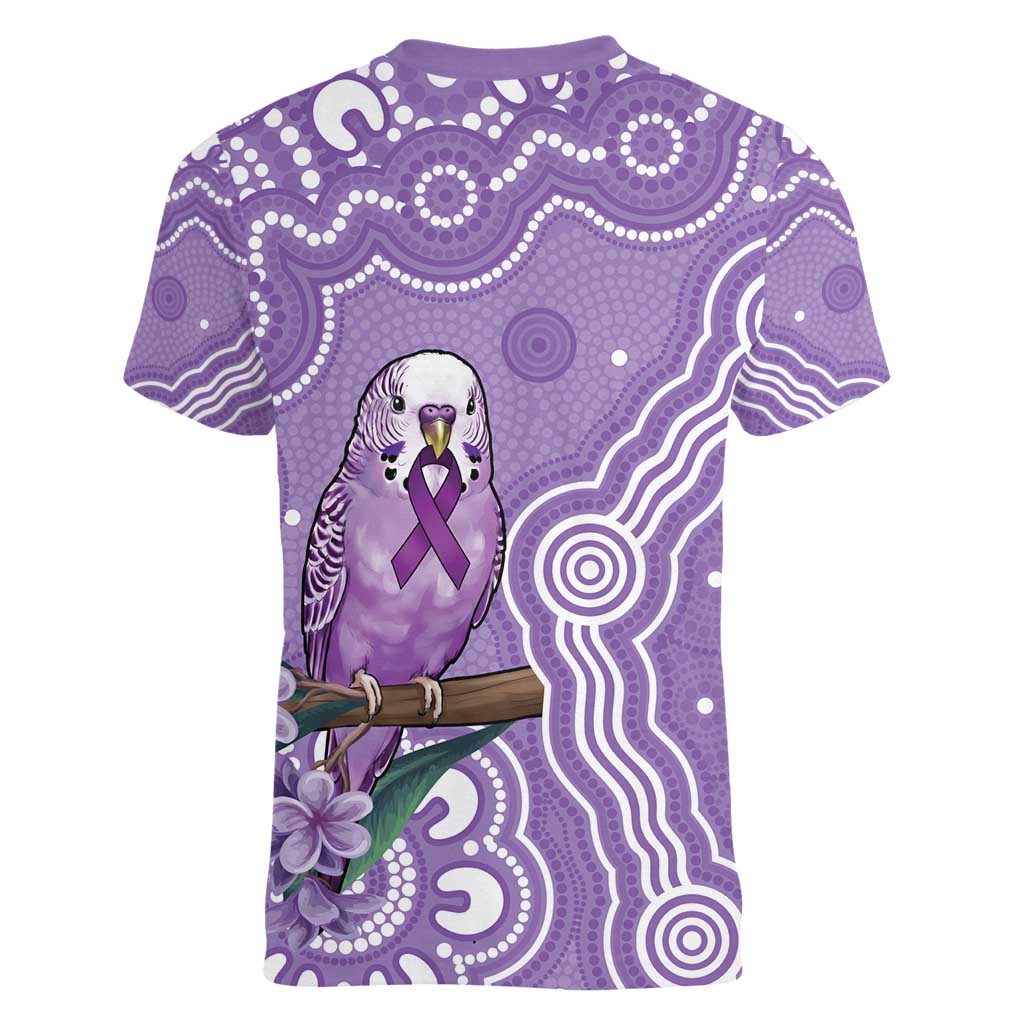 Australia Epilepsy Awareness Women V-Neck T-Shirt Purple Budgerigar Plumeria Aboriginal - Aussie Hoodie