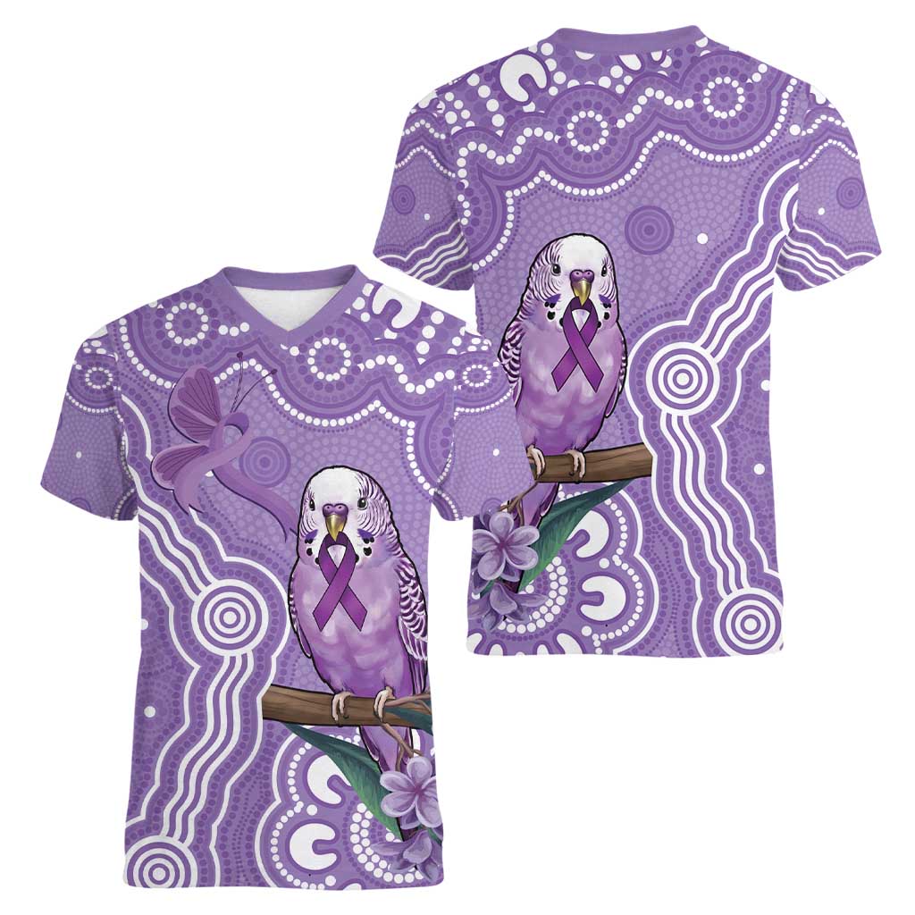Australia Epilepsy Awareness Women V-Neck T-Shirt Purple Budgerigar Plumeria Aboriginal - Aussie Hoodie