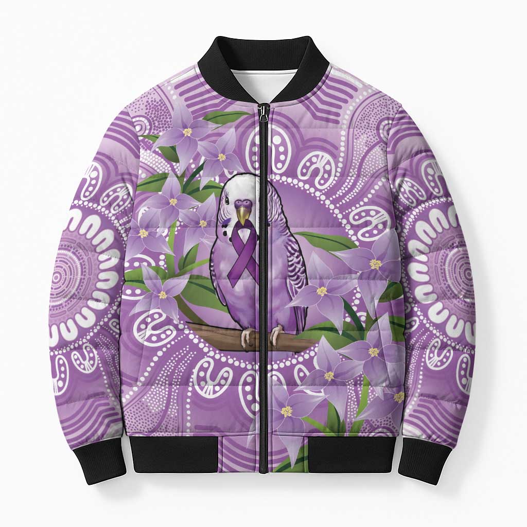 Epilepsy Awareness Budgerigar Australia Bomber Puffer Jacket Budgie Purple Ribbon Boronia Aboriginal - Aussie Hoodie