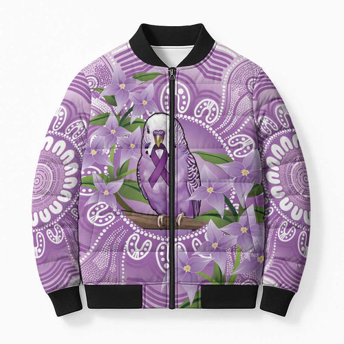 Epilepsy Awareness Budgerigar Australia Bomber Puffer Jacket Budgie Purple Ribbon Boronia Aboriginal - Aussie Hoodie