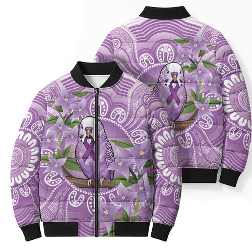Epilepsy Awareness Budgerigar Australia Bomber Puffer Jacket Budgie Purple Ribbon Boronia Aboriginal - Aussie Hoodie