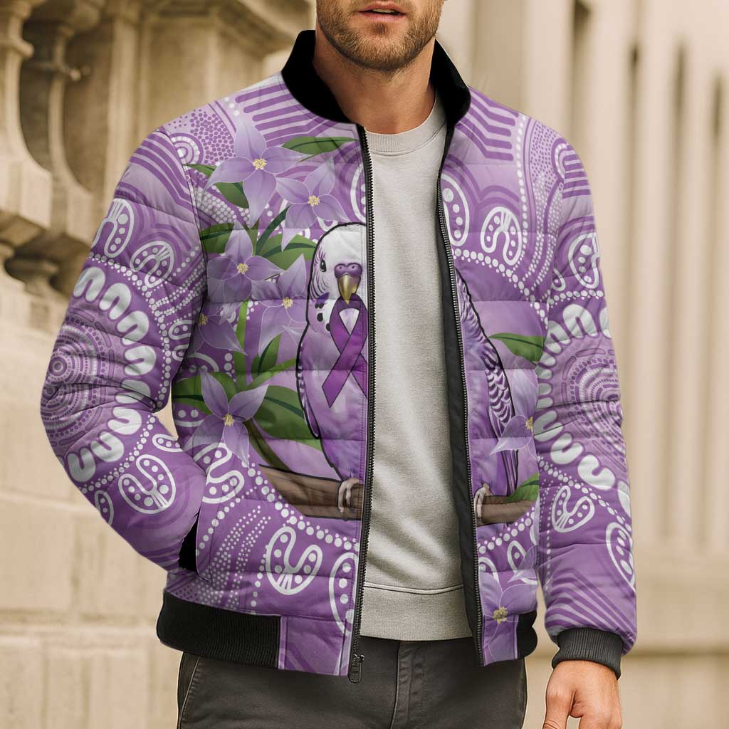 Epilepsy Awareness Budgerigar Australia Bomber Puffer Jacket Budgie Purple Ribbon Boronia Aboriginal - Aussie Hoodie