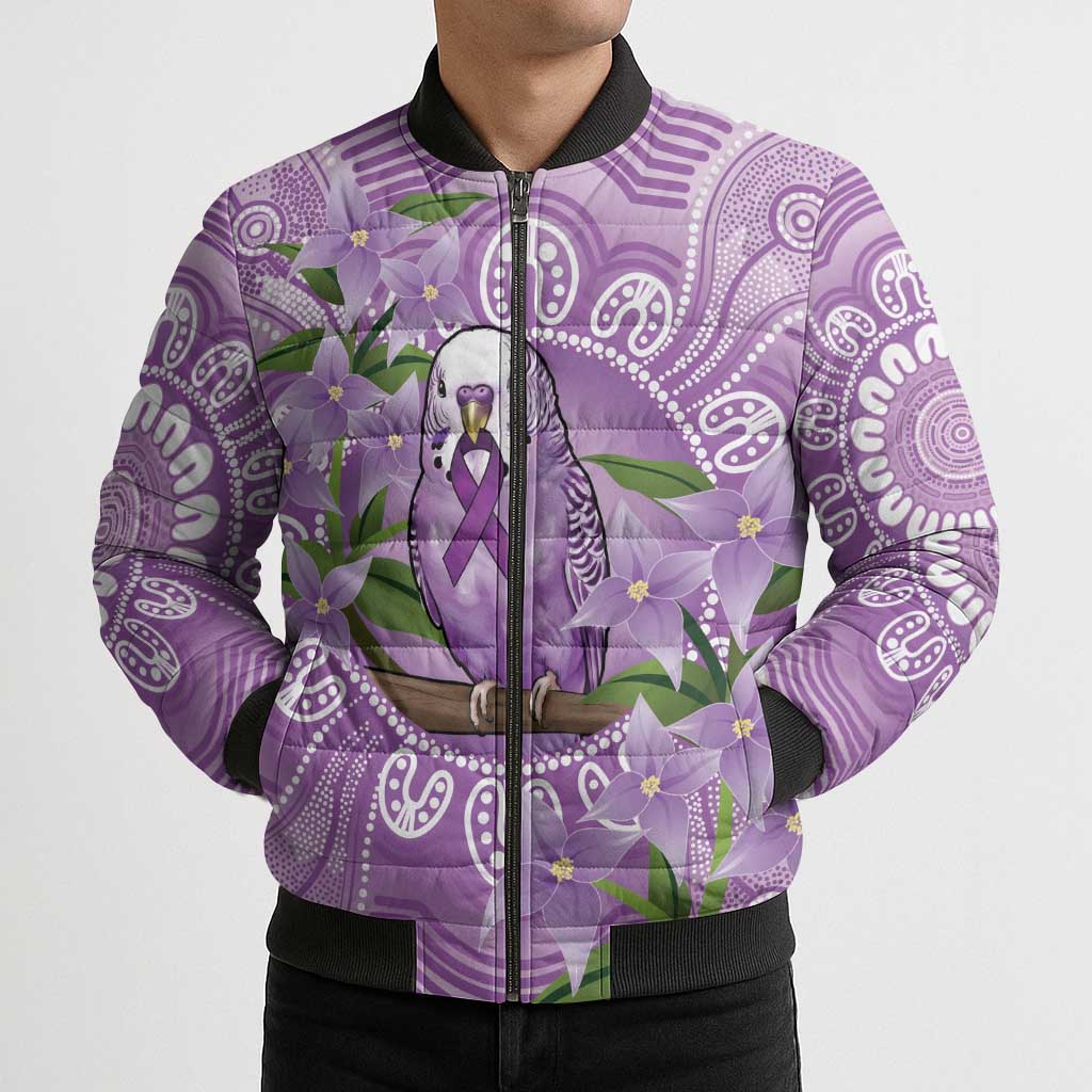 Epilepsy Awareness Budgerigar Australia Bomber Puffer Jacket Budgie Purple Ribbon Boronia Aboriginal - Aussie Hoodie