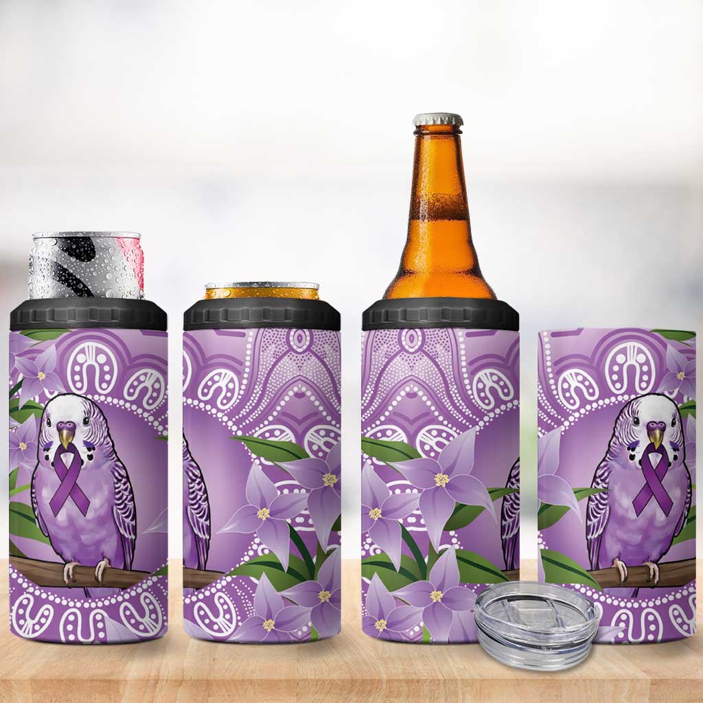 Epilepsy Awareness Budgerigar Australia 4 in 1 Can Cooler Tumbler Budgie Purple Ribbon Boronia Aboriginal - Aussie Hoodie