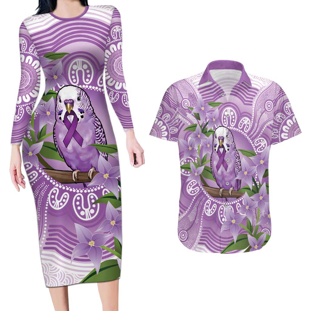 Epilepsy Awareness Budgerigar Australia Couples Matching Long Sleeve Bodycon Dress and Hawaiian Shirt Budgie Purple Ribbon Boronia Aboriginal - Aussie Hoodie