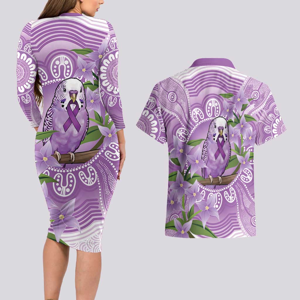 Epilepsy Awareness Budgerigar Australia Couples Matching Long Sleeve Bodycon Dress and Hawaiian Shirt Budgie Purple Ribbon Boronia Aboriginal - Aussie Hoodie
