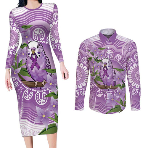 Epilepsy Awareness Budgerigar Australia Couples Matching Long Sleeve Bodycon Dress and Long Sleeve Button Shirt Budgie Purple Ribbon Boronia Aboriginal - Aussie Hoodie
