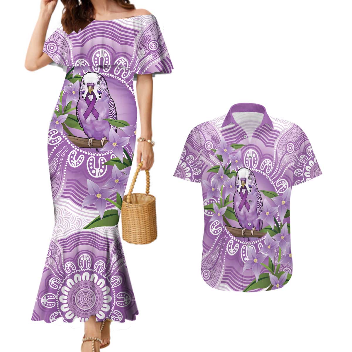 Epilepsy Awareness Budgerigar Australia Couples Matching Mermaid Dress and Hawaiian Shirt Budgie Purple Ribbon Boronia Aboriginal - Aussie Hoodie