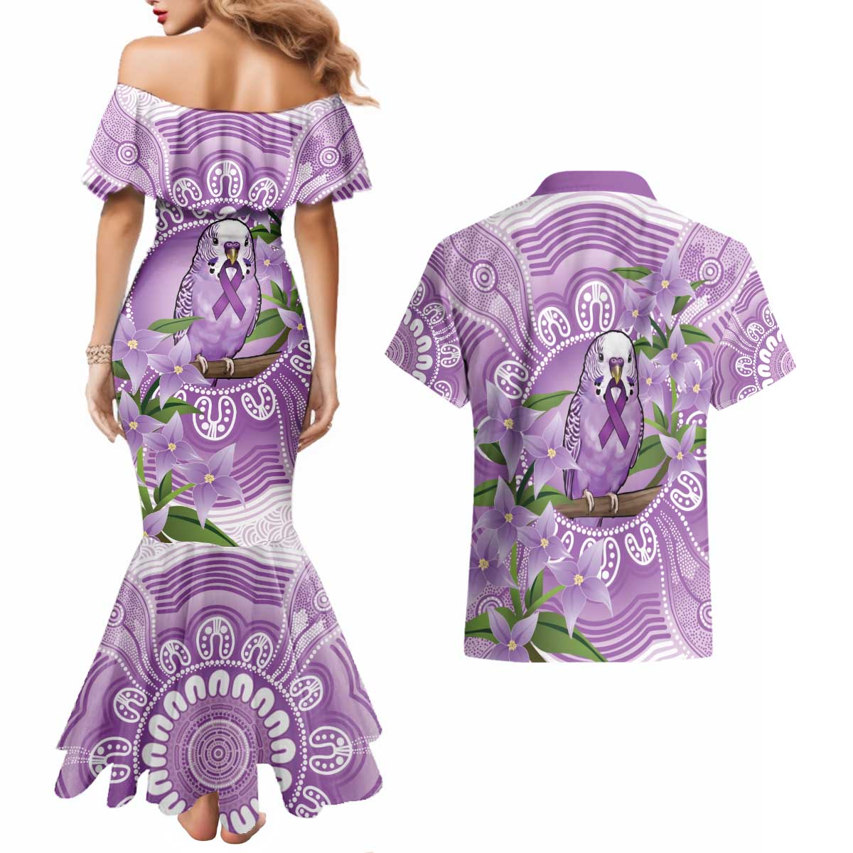 Epilepsy Awareness Budgerigar Australia Couples Matching Mermaid Dress and Hawaiian Shirt Budgie Purple Ribbon Boronia Aboriginal - Aussie Hoodie