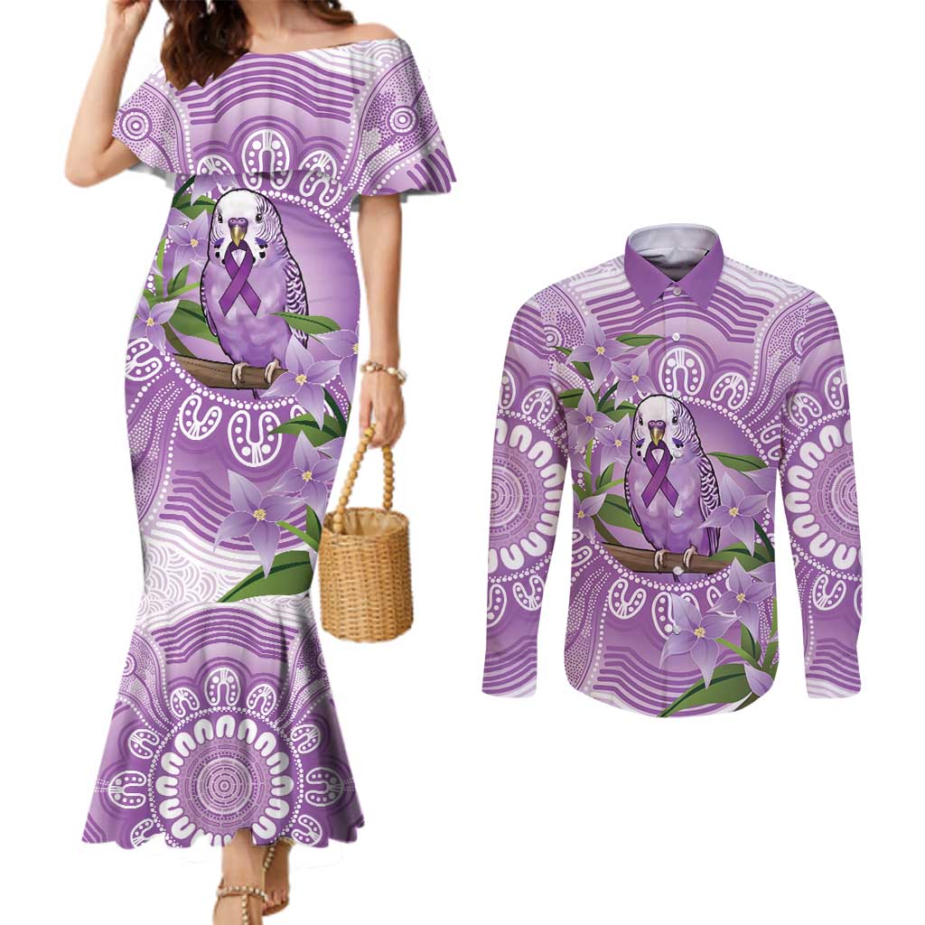 Epilepsy Awareness Budgerigar Australia Couples Matching Mermaid Dress and Long Sleeve Button Shirt Budgie Purple Ribbon Boronia Aboriginal - Aussie Hoodie