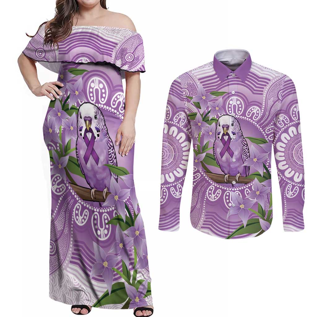 Epilepsy Awareness Budgerigar Australia Couples Matching Off Shoulder Maxi Dress and Long Sleeve Button Shirt Budgie Purple Ribbon Boronia Aboriginal - Aussie Hoodie