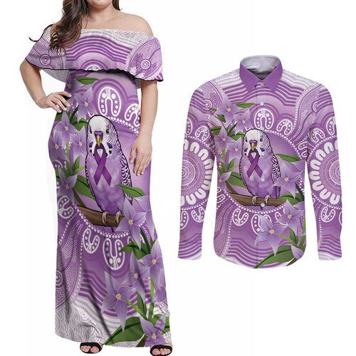 Epilepsy Awareness Budgerigar Australia Couples Matching Off Shoulder Maxi Dress and Long Sleeve Button Shirt Budgie Purple Ribbon Boronia Aboriginal - Aussie Hoodie