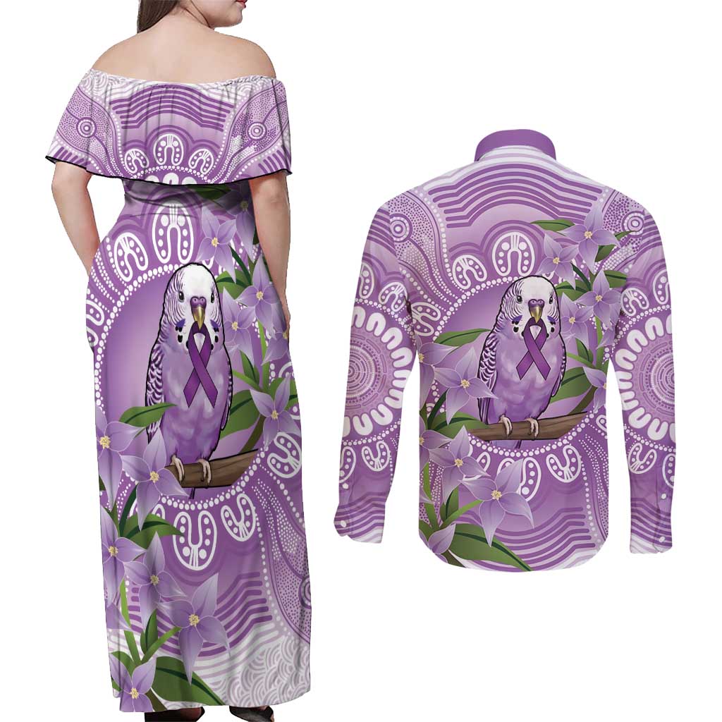 Epilepsy Awareness Budgerigar Australia Couples Matching Off Shoulder Maxi Dress and Long Sleeve Button Shirt Budgie Purple Ribbon Boronia Aboriginal - Aussie Hoodie