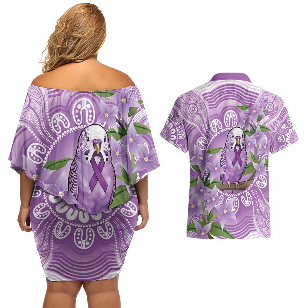 Epilepsy Awareness Budgerigar Australia Couples Matching Off Shoulder Short Dress and Hawaiian Shirt Budgie Purple Ribbon Boronia Aboriginal - Aussie Hoodie
