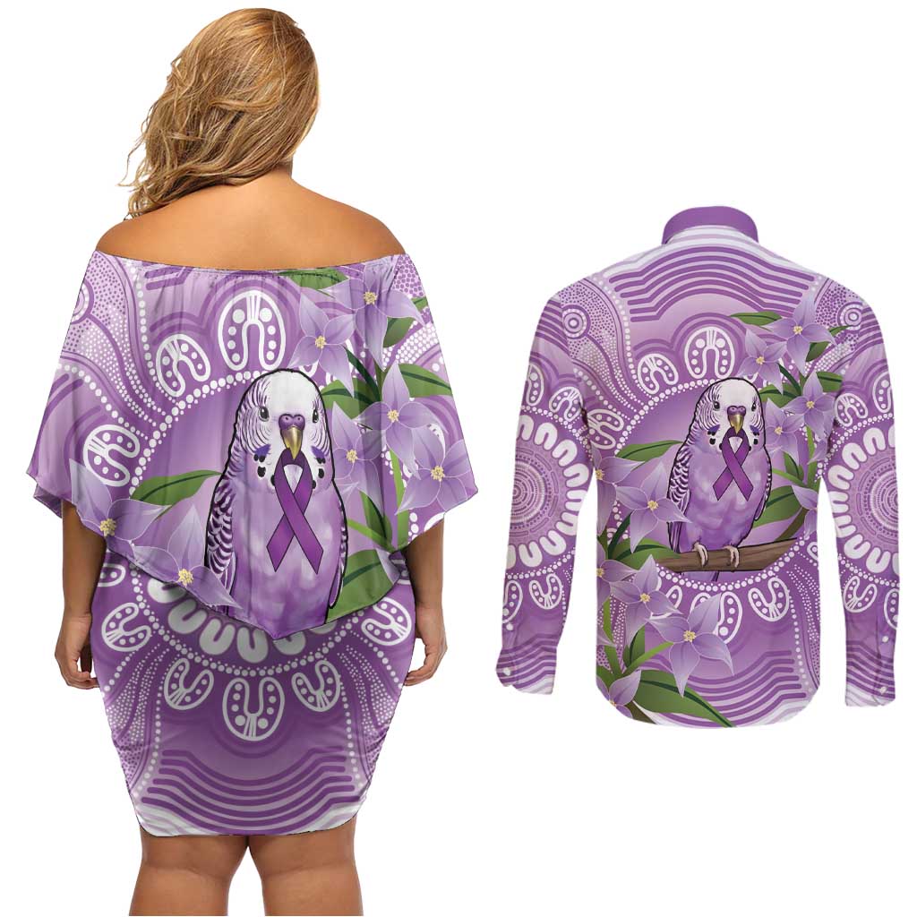 Epilepsy Awareness Budgerigar Australia Couples Matching Off Shoulder Short Dress and Long Sleeve Button Shirt Budgie Purple Ribbon Boronia Aboriginal - Aussie Hoodie