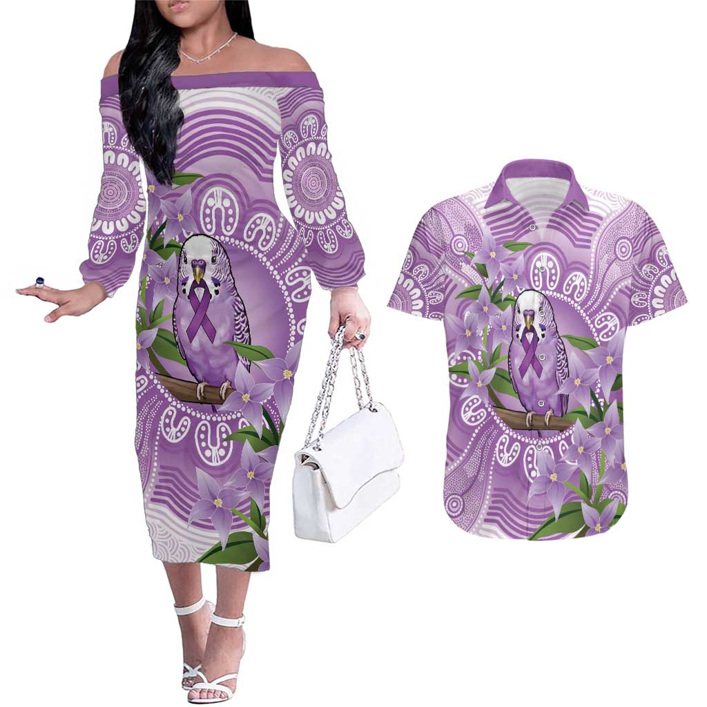Epilepsy Awareness Budgerigar Australia Couples Matching Off The Shoulder Long Sleeve Dress and Hawaiian Shirt Budgie Purple Ribbon Boronia Aboriginal - Aussie Hoodie