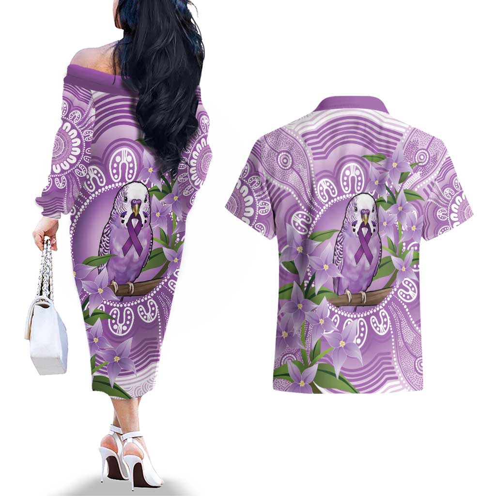 Epilepsy Awareness Budgerigar Australia Couples Matching Off The Shoulder Long Sleeve Dress and Hawaiian Shirt Budgie Purple Ribbon Boronia Aboriginal - Aussie Hoodie