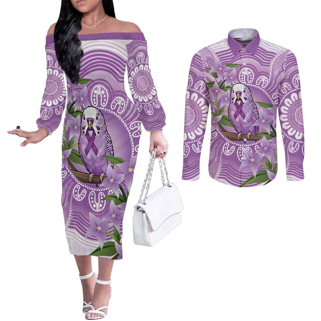 Epilepsy Awareness Budgerigar Australia Couples Matching Off The Shoulder Long Sleeve Dress and Long Sleeve Button Shirt Budgie Purple Ribbon Boronia Aboriginal - Aussie Hoodie