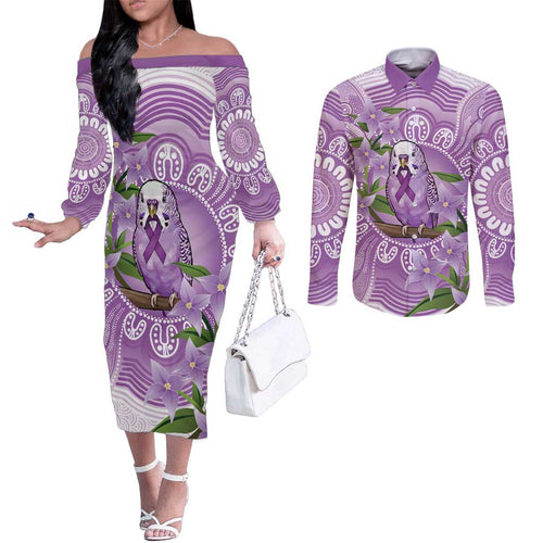 Epilepsy Awareness Budgerigar Australia Couples Matching Off The Shoulder Long Sleeve Dress and Long Sleeve Button Shirt Budgie Purple Ribbon Boronia Aboriginal - Aussie Hoodie
