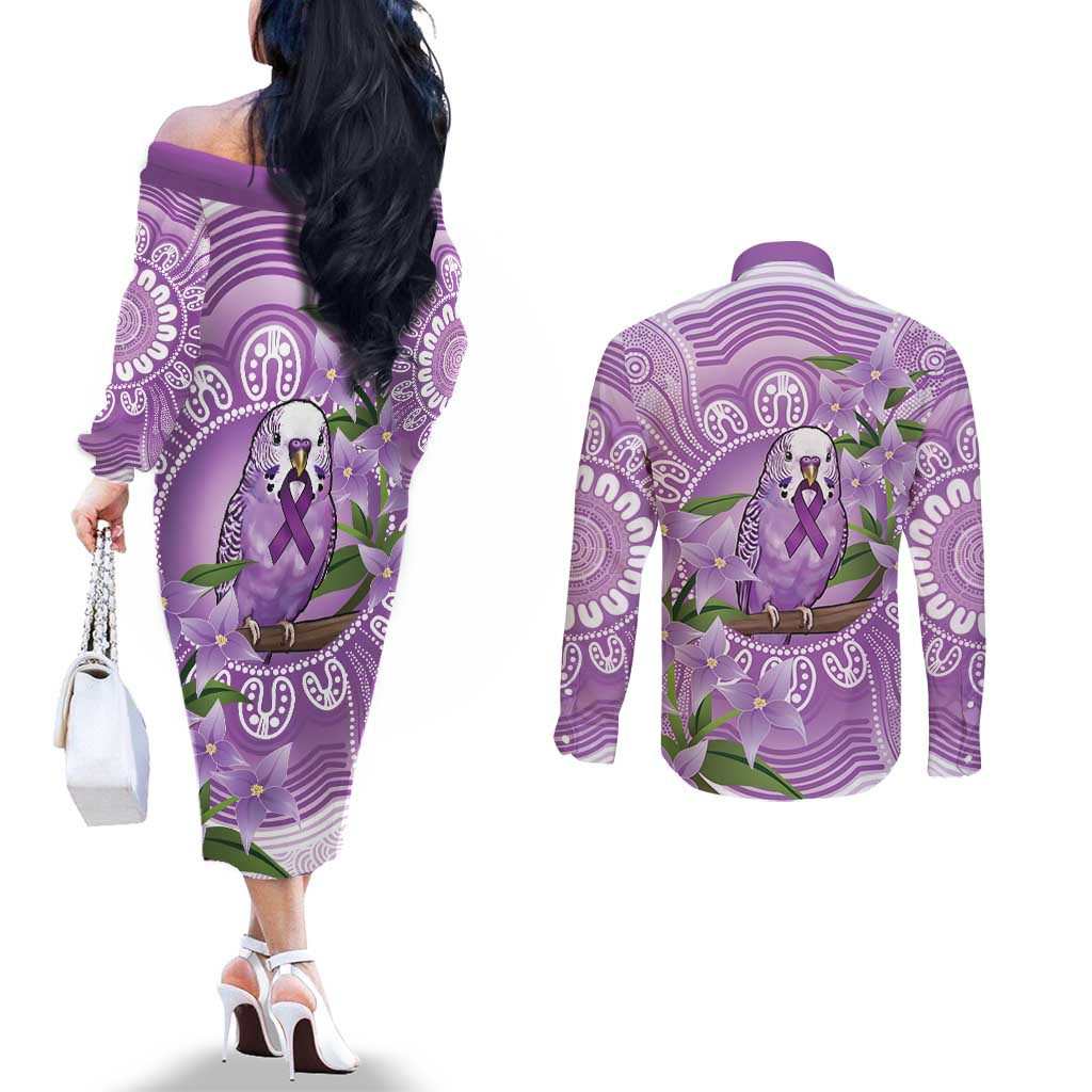 Epilepsy Awareness Budgerigar Australia Couples Matching Off The Shoulder Long Sleeve Dress and Long Sleeve Button Shirt Budgie Purple Ribbon Boronia Aboriginal - Aussie Hoodie