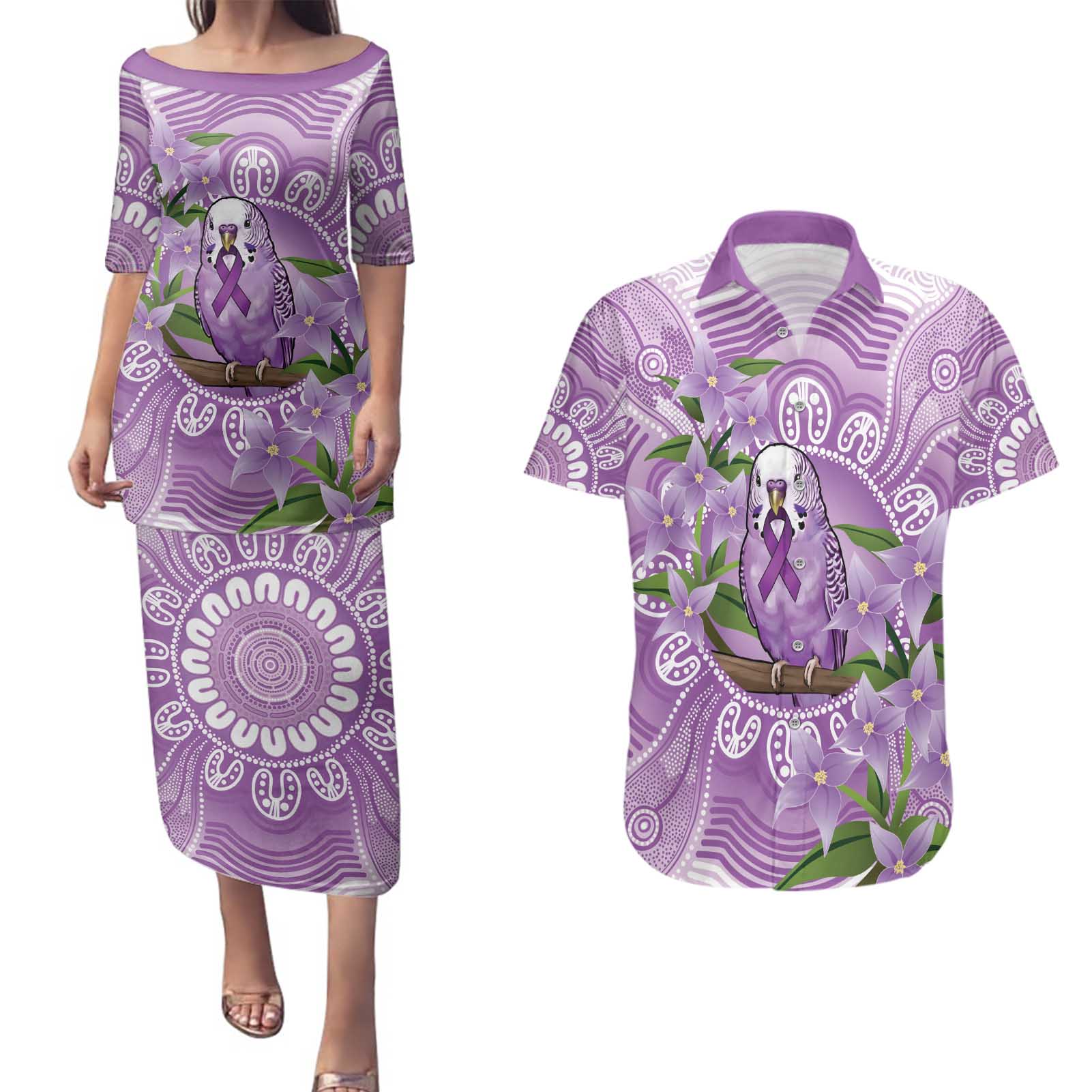 Epilepsy Awareness Budgerigar Australia Couples Matching Puletasi and Hawaiian Shirt Budgie Purple Ribbon Boronia Aboriginal - Aussie Hoodie