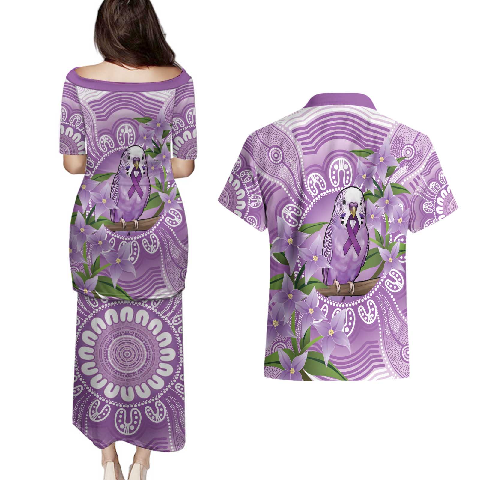 Epilepsy Awareness Budgerigar Australia Couples Matching Puletasi and Hawaiian Shirt Budgie Purple Ribbon Boronia Aboriginal - Aussie Hoodie