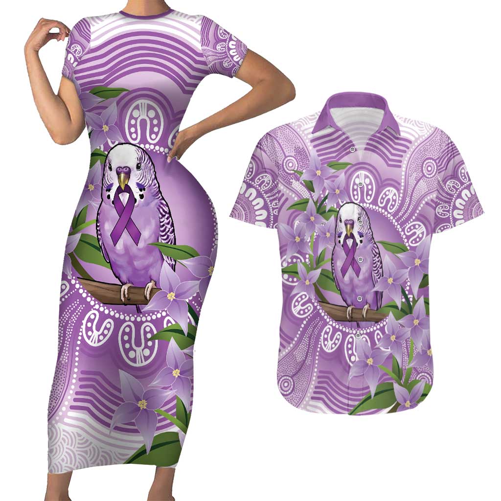 Epilepsy Awareness Budgerigar Australia Couples Matching Short Sleeve Bodycon Dress and Hawaiian Shirt Budgie Purple Ribbon Boronia Aboriginal - Aussie Hoodie