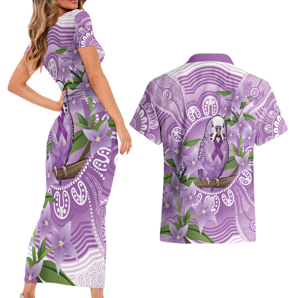 Epilepsy Awareness Budgerigar Australia Couples Matching Short Sleeve Bodycon Dress and Hawaiian Shirt Budgie Purple Ribbon Boronia Aboriginal - Aussie Hoodie