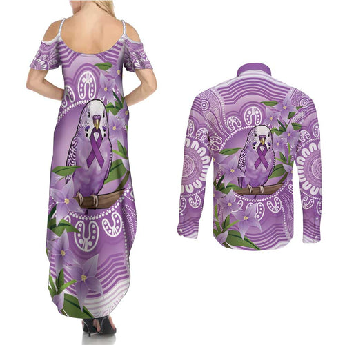 Epilepsy Awareness Budgerigar Australia Couples Matching Summer Maxi Dress and Long Sleeve Button Shirt Budgie Purple Ribbon Boronia Aboriginal - Aussie Hoodie