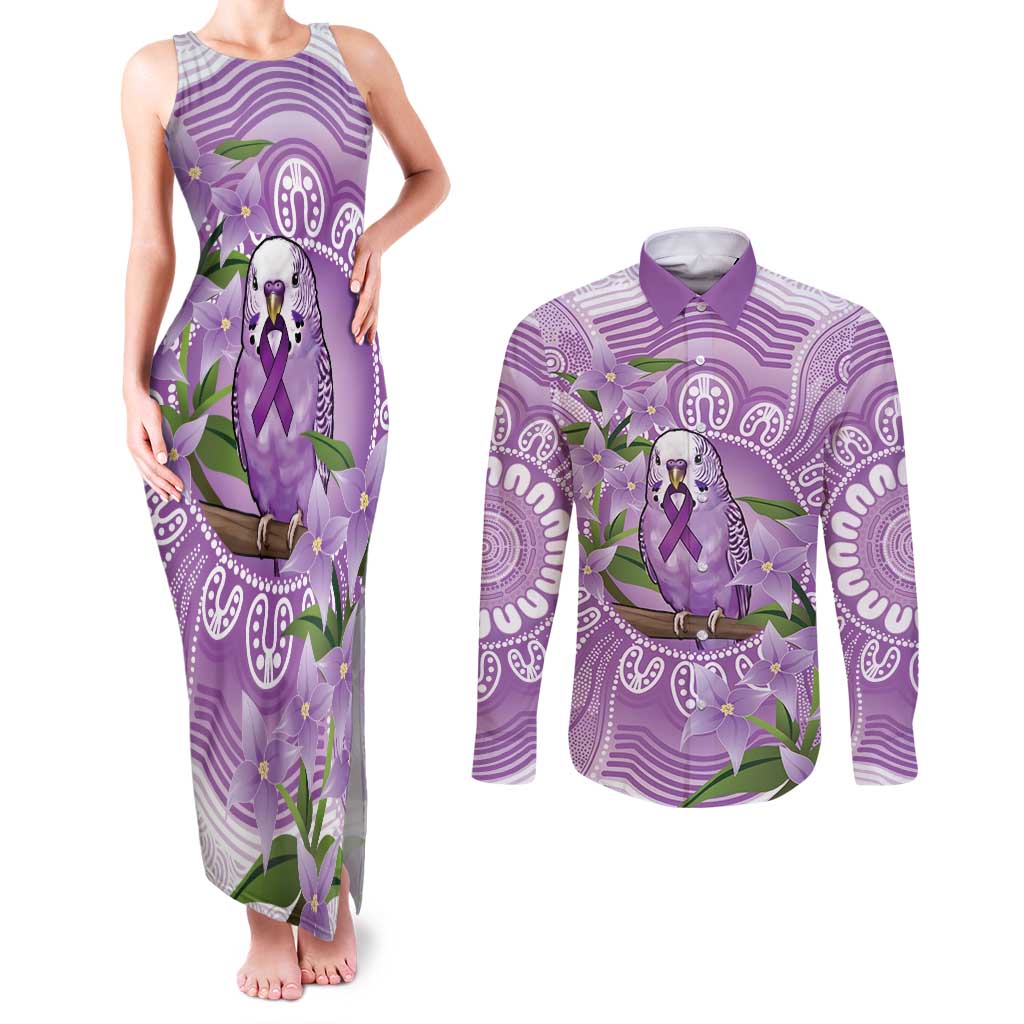 Epilepsy Awareness Budgerigar Australia Couples Matching Tank Maxi Dress and Long Sleeve Button Shirt Budgie Purple Ribbon Boronia Aboriginal - Aussie Hoodie