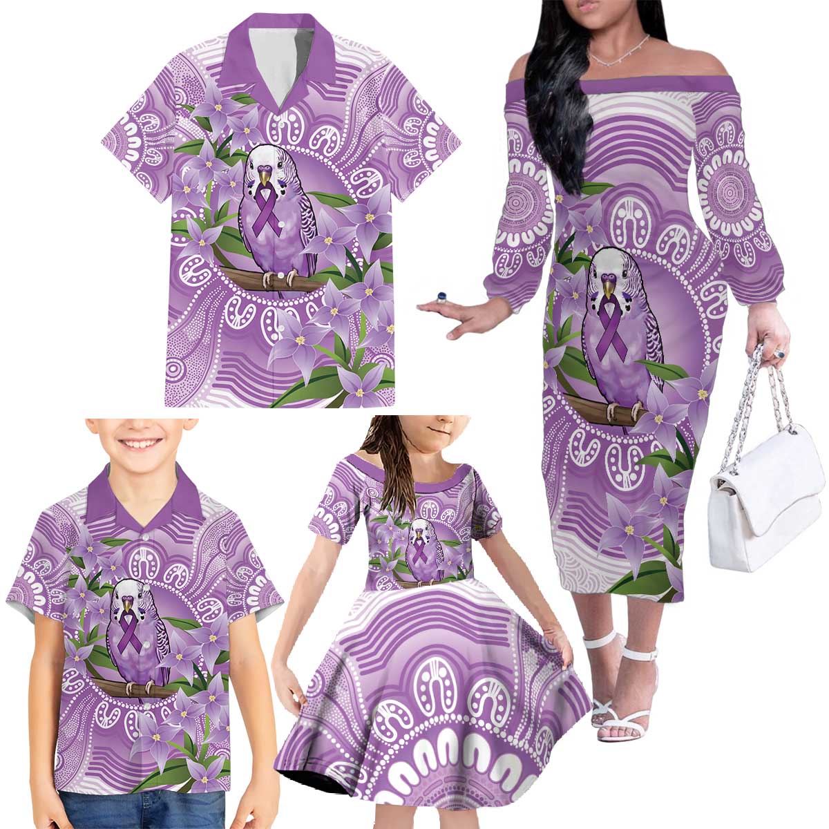 Epilepsy Awareness Budgerigar Australia Family Matching Off The Shoulder Long Sleeve Dress and Hawaiian Shirt Budgie Purple Ribbon Boronia Aboriginal - Aussie Hoodie